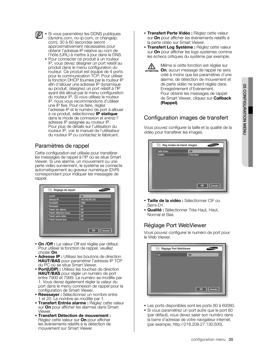 Samsung SHR-5162P/XEF Paramètres de rappel, Conﬁ guration images de transfert, Réglage Port WebViewer, Réglage de rappel 