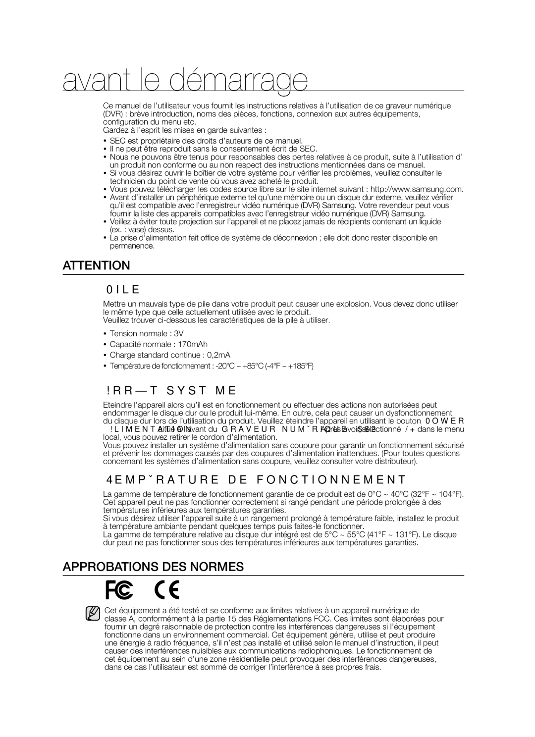 Samsung SHR-5162P manual Avant le démarrage, Approbations DES Normes, Pile, Arrêt système, Température de fonctionnement 