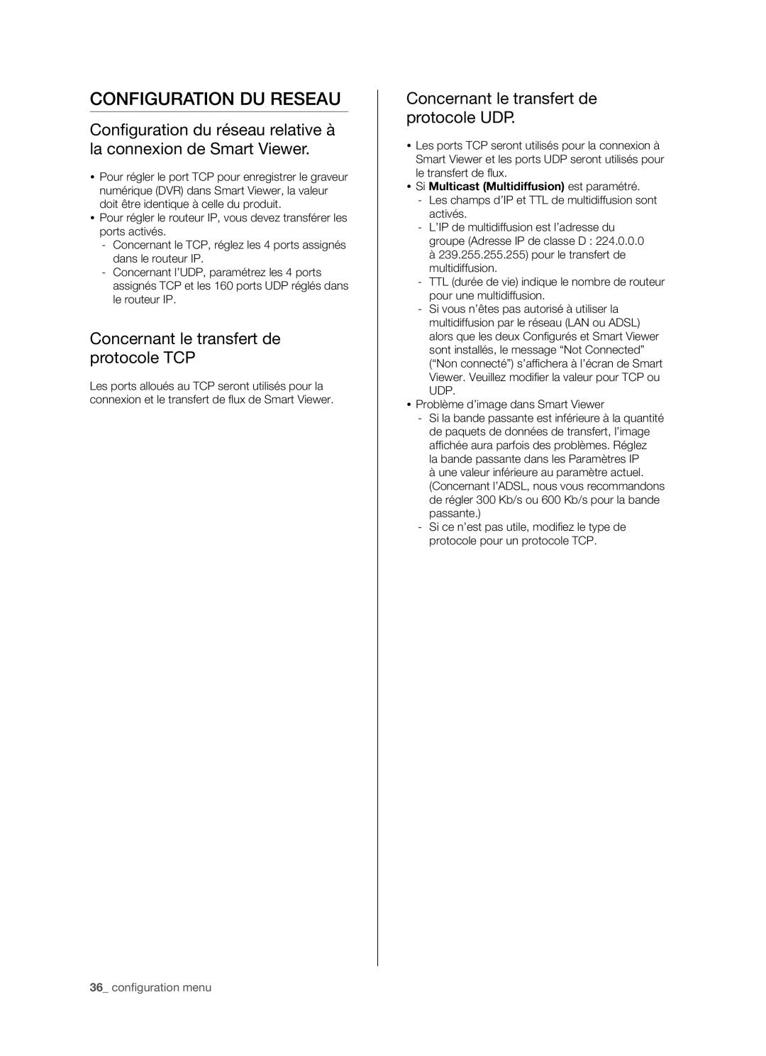 Samsung SHR-5082P/XEF, SHR-5162P/XEF manual Configuration DU Reseau, Concernant le transfert de protocole TCP 