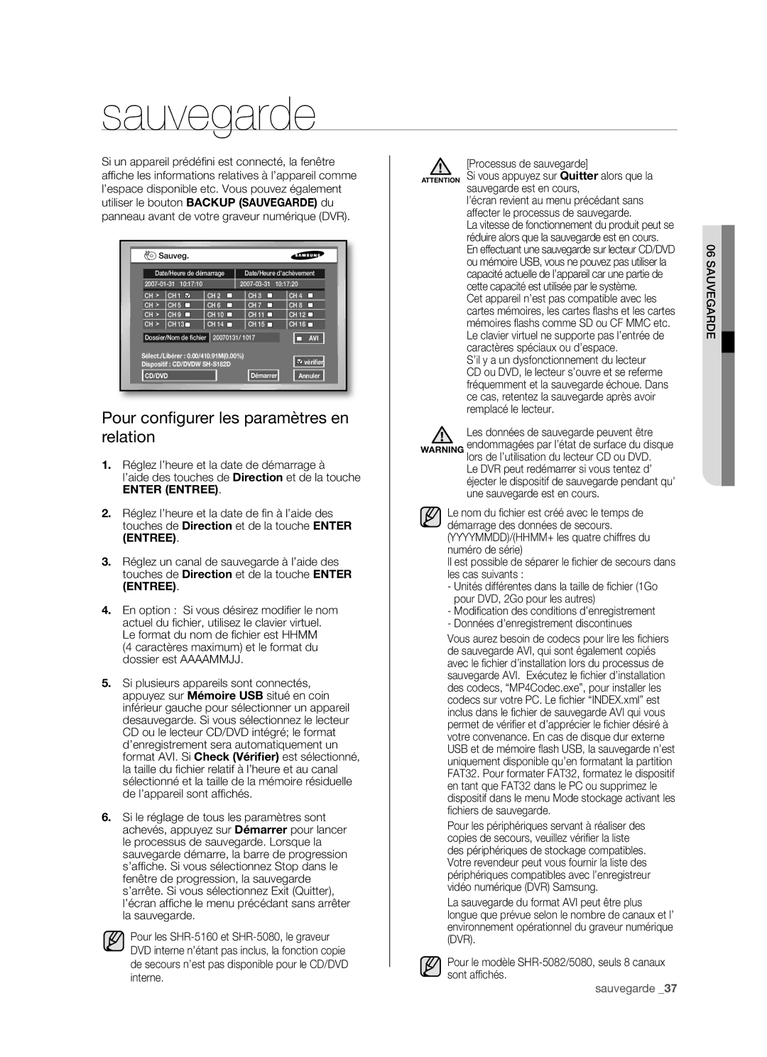 Samsung SHR-5082P/XEF, SHR-5162P/XEF manual Sauvegarde, Pour conﬁ gurer les paramètres en relation 