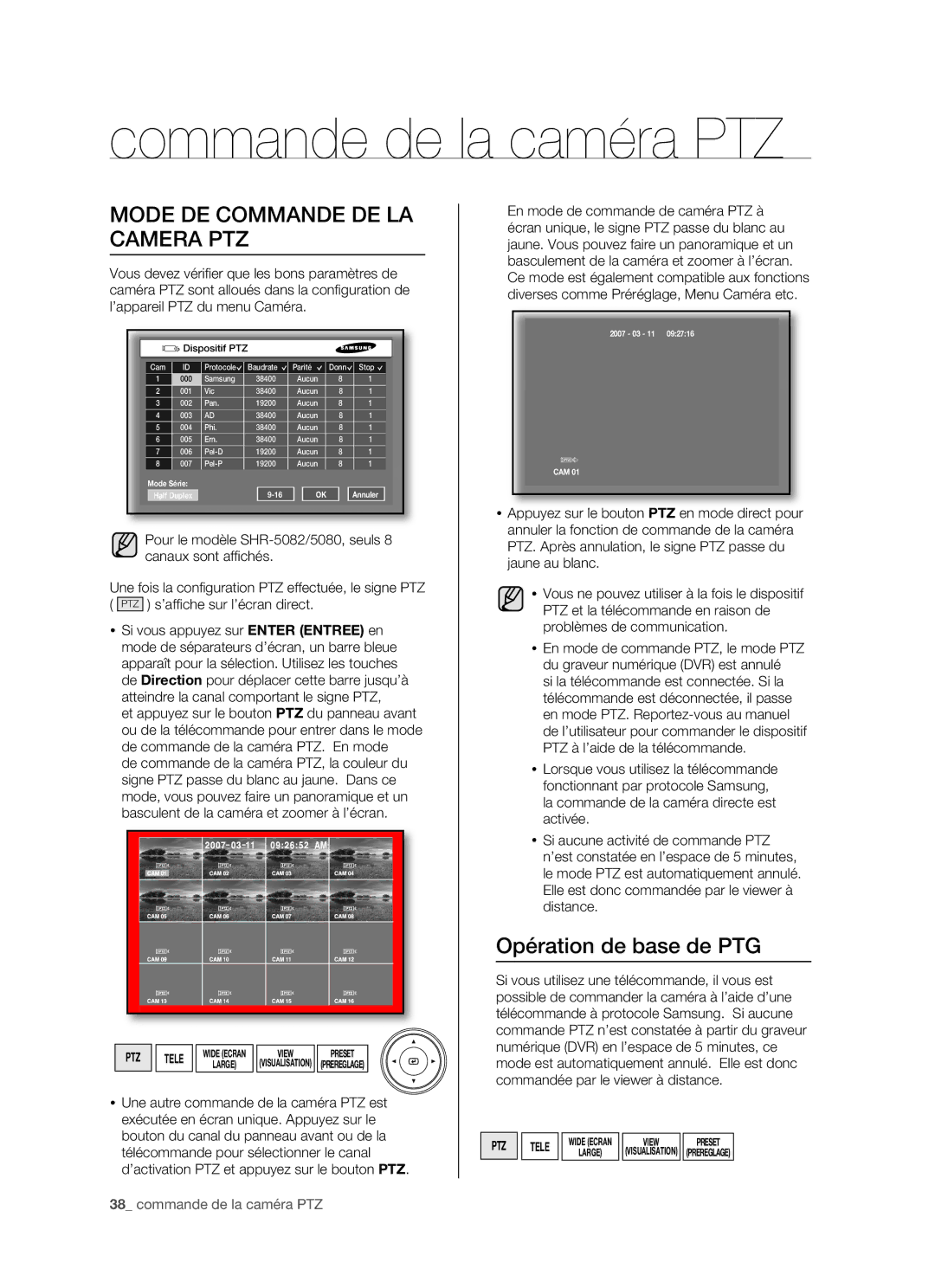 Samsung SHR-5082P/XEF, SHR-5162P/XEF manual Commande de la caméra PTZ, Mode DE Commande DE LA Camera PTZ 