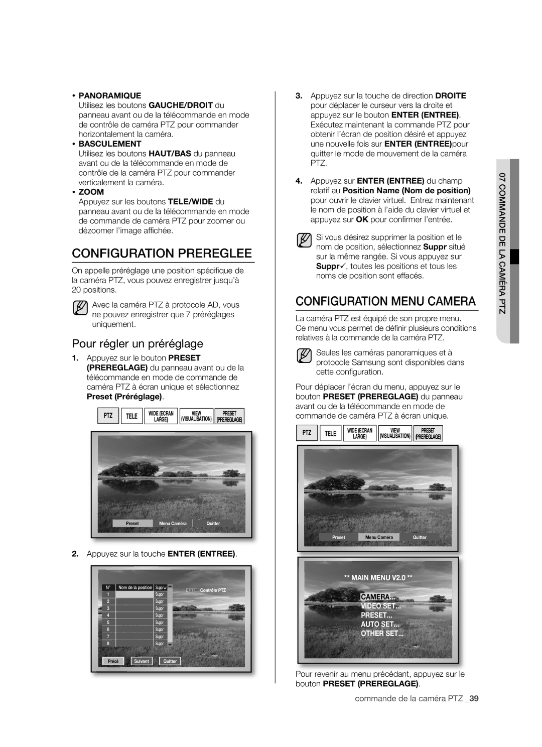 Samsung SHR-5162P/XEF, SHR-5082P/XEF manual Configuration Prereglee, Configuration Menu Camera, Pour régler un préréglage 