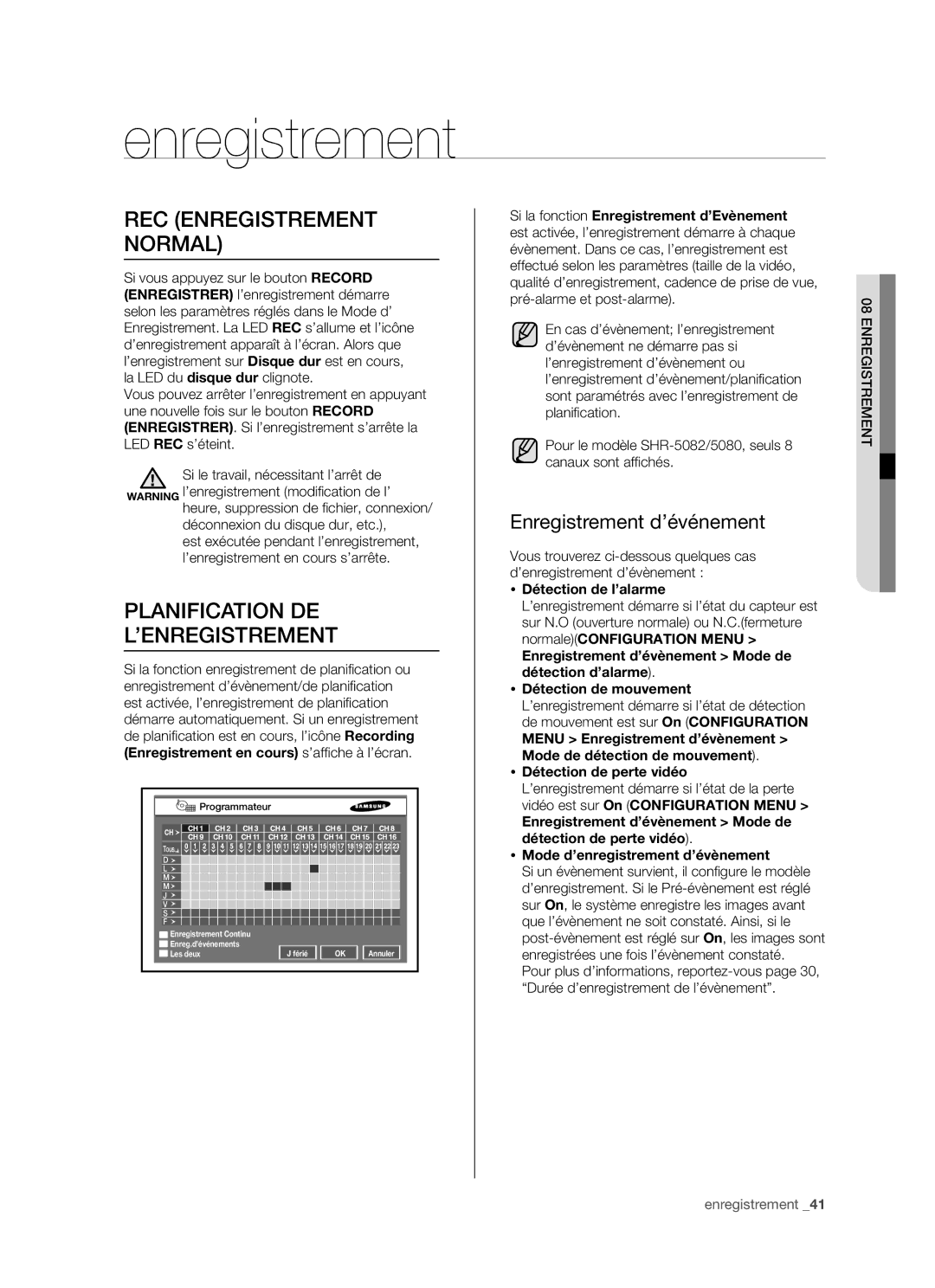 Samsung SHR-5082P/XEF manual REC Enregistrement Normal, Planification DE ’ENREGISTREMENT, Enregistrement d’événement 