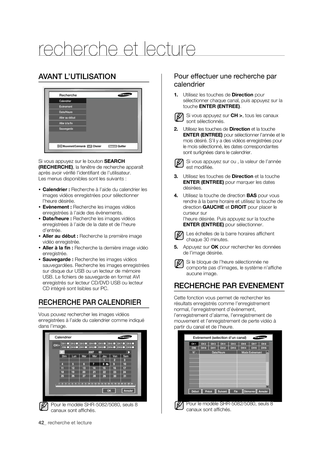 Samsung SHR-5082P/XEF, SHR-5162P/XEF manual Recherche et lecture, Recherche PAR Calendrier, Recherche PAR Evenement 