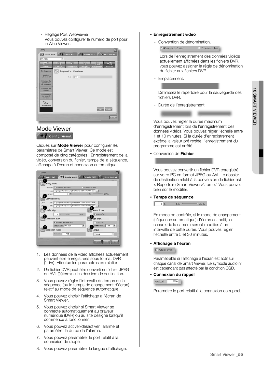 Samsung SHR-5162P/XEF, SHR-5082P/XEF manual Mode Viewer,  Enregistrement vidéo,  Temps de séquence,  Afﬁchage à l’écran 