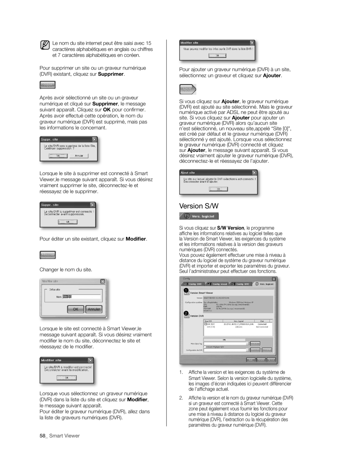 Samsung SHR-5082P/XEF, SHR-5162P/XEF manual Version S/W, Si vous cliquez sur S/W Version, le programme 