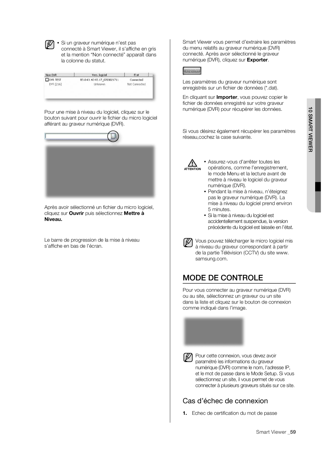 Samsung SHR-5162P/XEF Mode DE Controle, Cas d’échec de connexion, Niveau, Vous pouvez télécharger le micro logiciel mis 