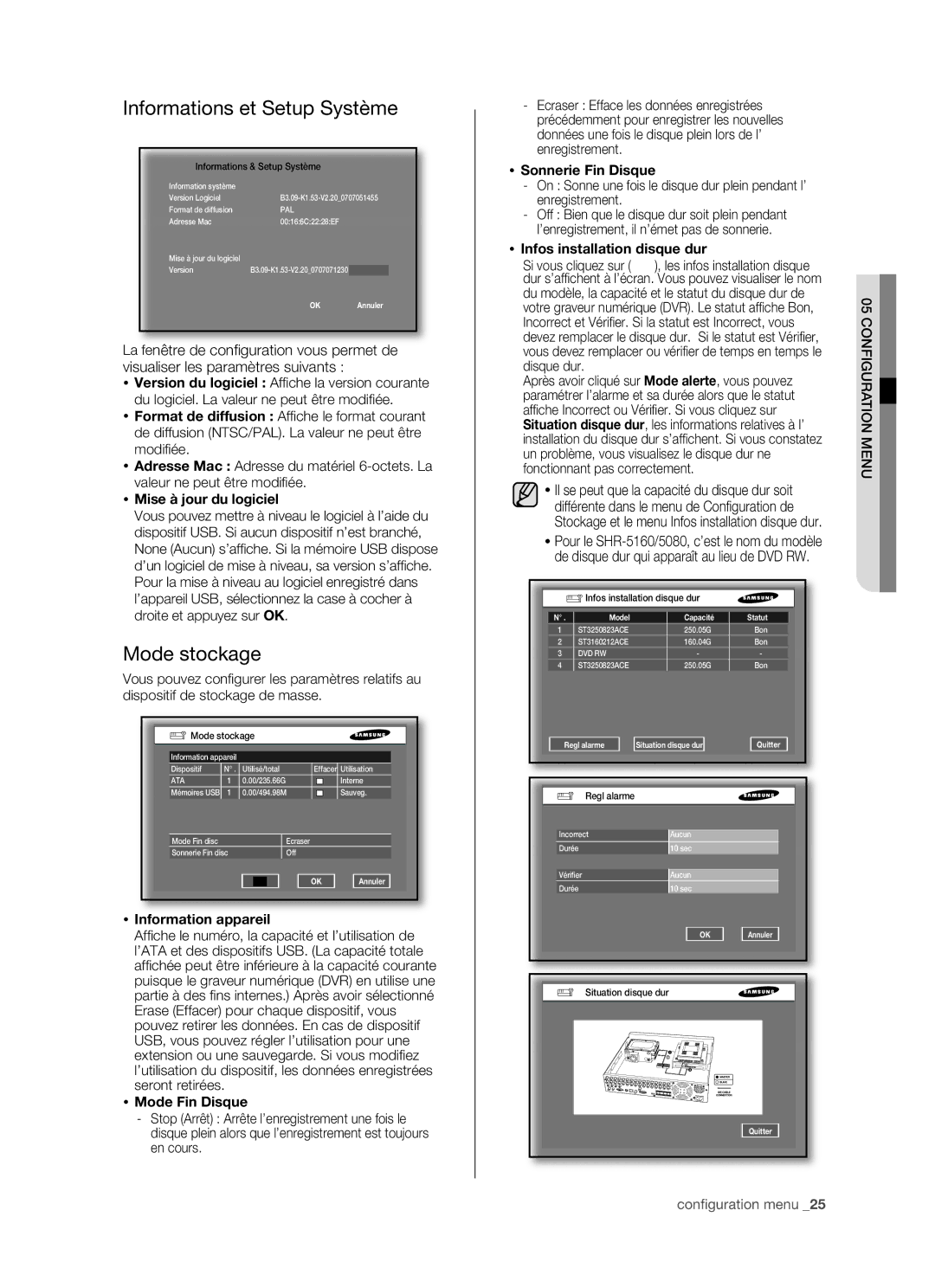 Samsung SHR-5082P/XEF, SHR-5162P/XEF manual Informations et Setup Système, Mode stockage 