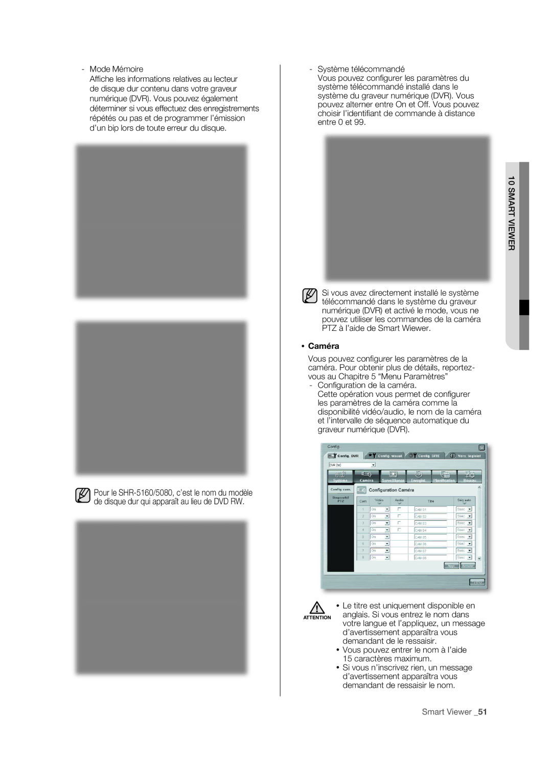 Samsung SHR-5162P/XEF, SHR-5082P/XEF manual Mode Mémoire,  Caméra 