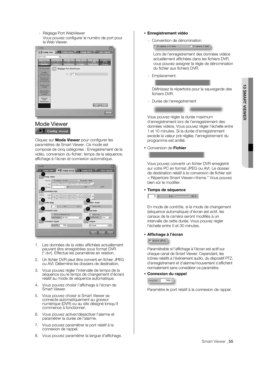 Samsung SHR-5162P/XEF, SHR-5082P/XEF manual Mode Viewer,  Enregistrement vidéo,  Temps de séquence,  Afﬁchage à l’écran 