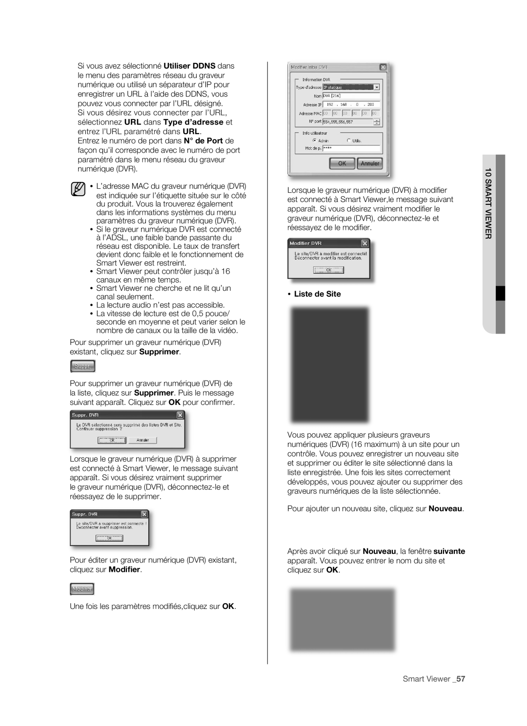 Samsung SHR-5082P/XEF, SHR-5162P manual Graveur numérique DVR, déconnectez-le et, Réessayez de le modiﬁ er,  Liste de Site 