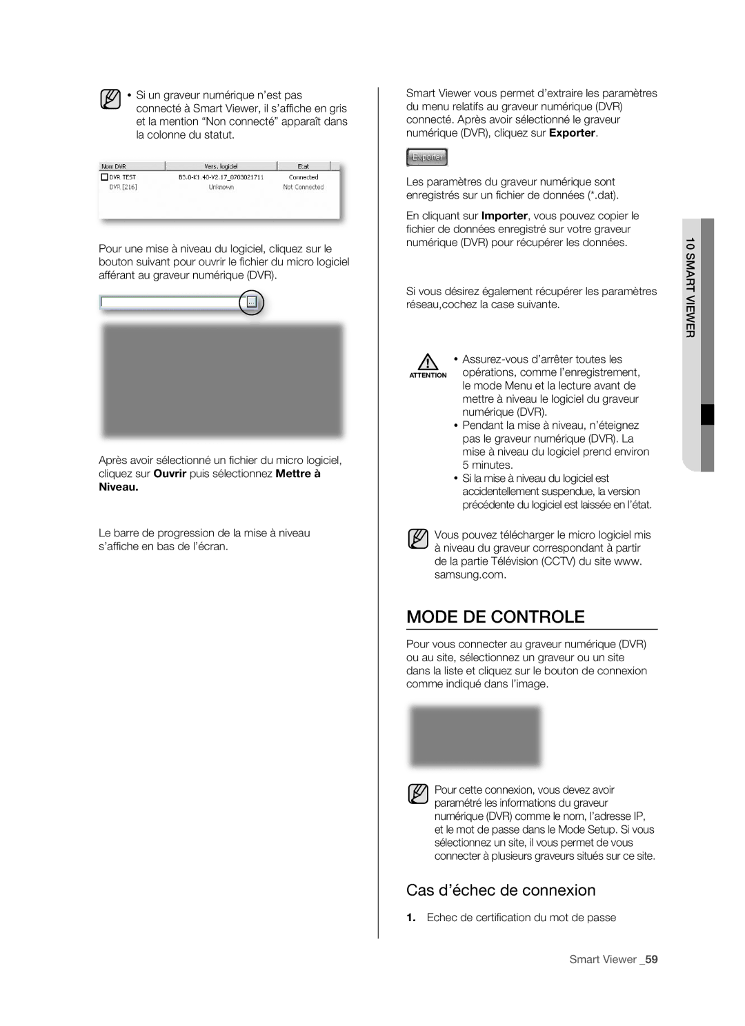 Samsung SHR-5162P/XEF Mode DE Controle, Cas d’échec de connexion, Niveau, Vous pouvez télécharger le micro logiciel mis 