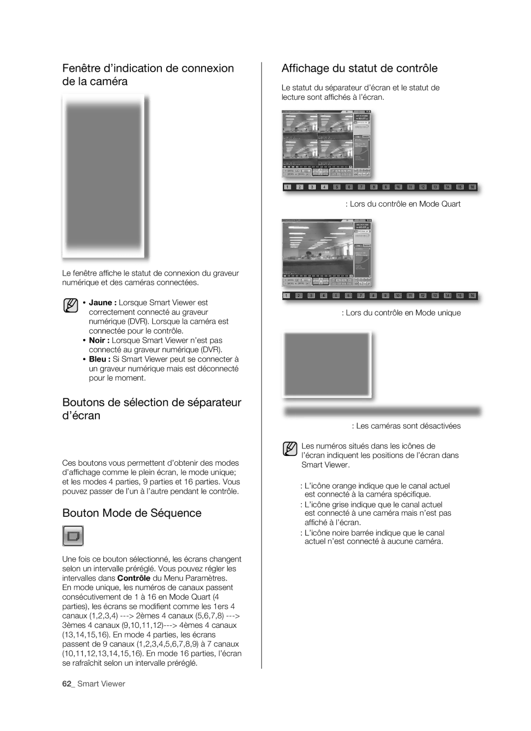 Samsung SHR-5082P, SHR-5162P Fenêtre d’indication de connexion de la caméra, Boutons de sélection de séparateur d’écran 