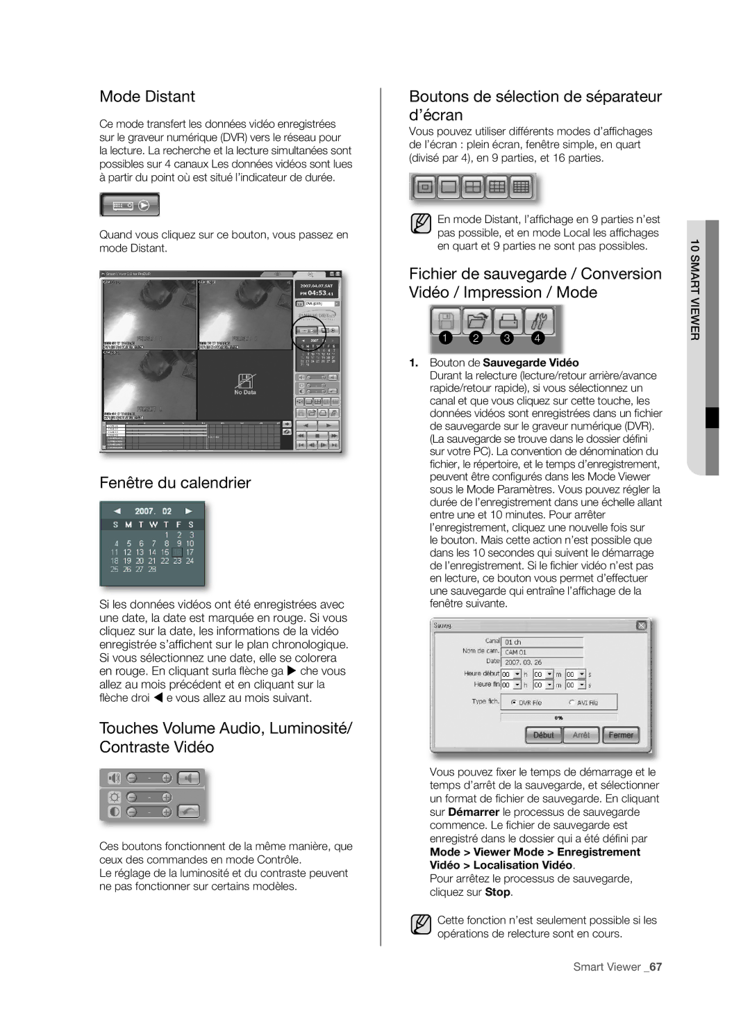 Samsung SHR-5162P/XEF, SHR-5082P Mode Distant, Fenêtre du calendrier, Touches Volume Audio, Luminosité/ Contraste Vidéo 