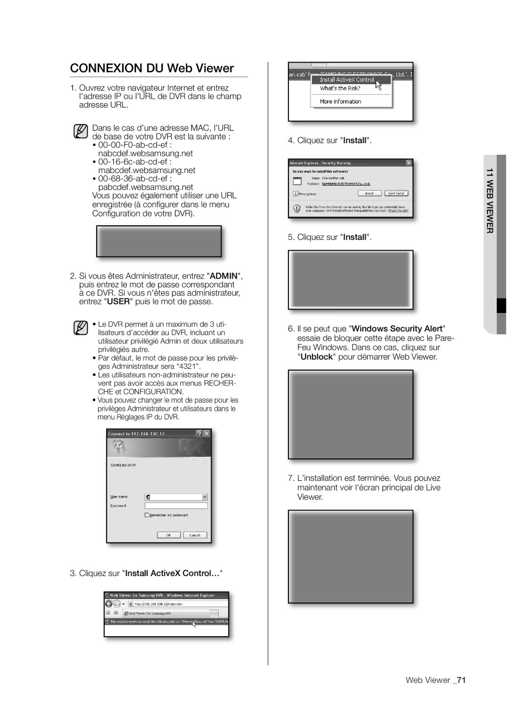 Samsung SHR-5162P/XEF, SHR-5082P/XEF manual Connexion DU Web Viewer 