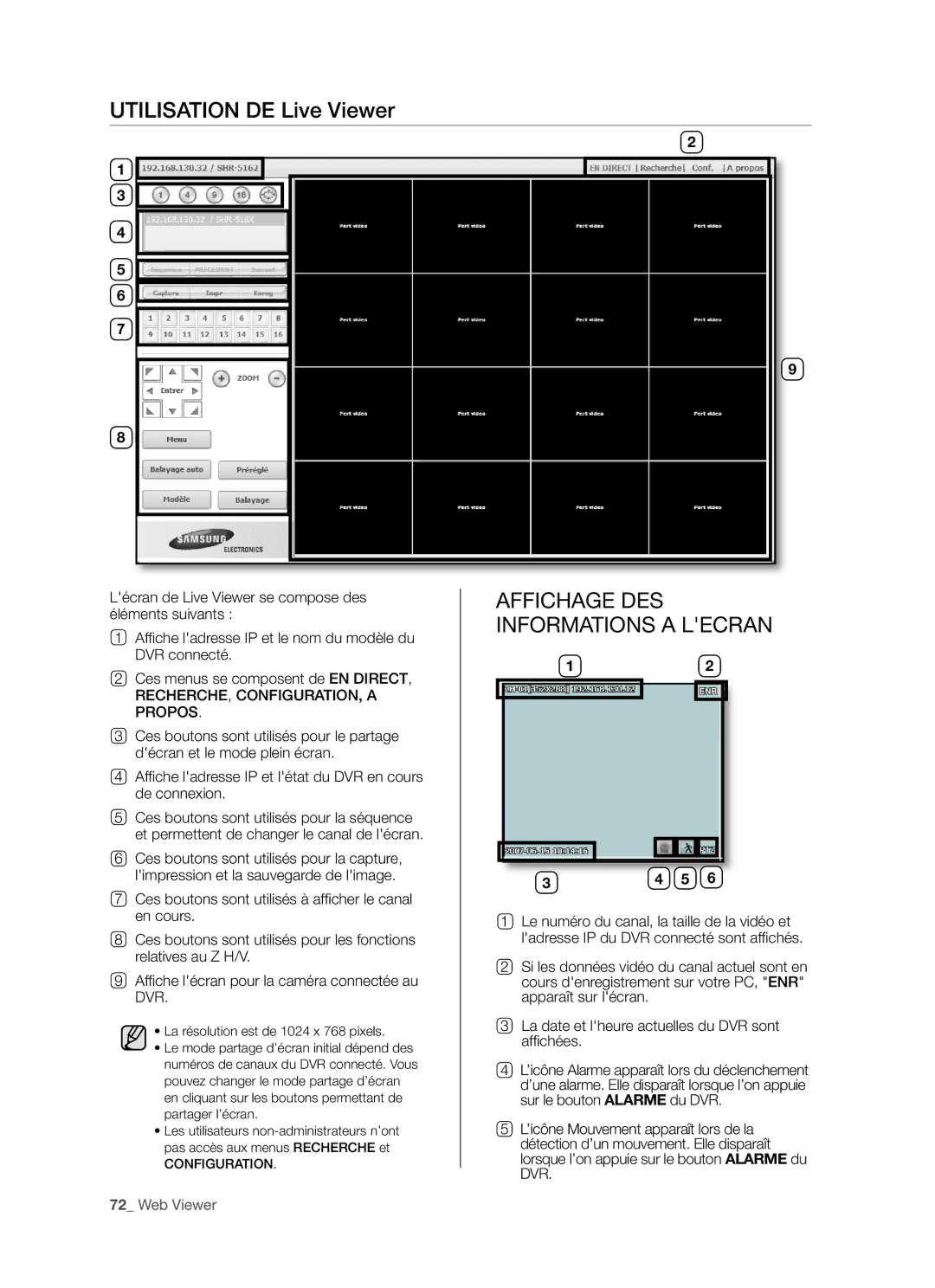 Samsung SHR-5082P/XEF, SHR-5162P/XEF manual Utilisation DE Live Viewer, Affichage DES Informations a Lecran 