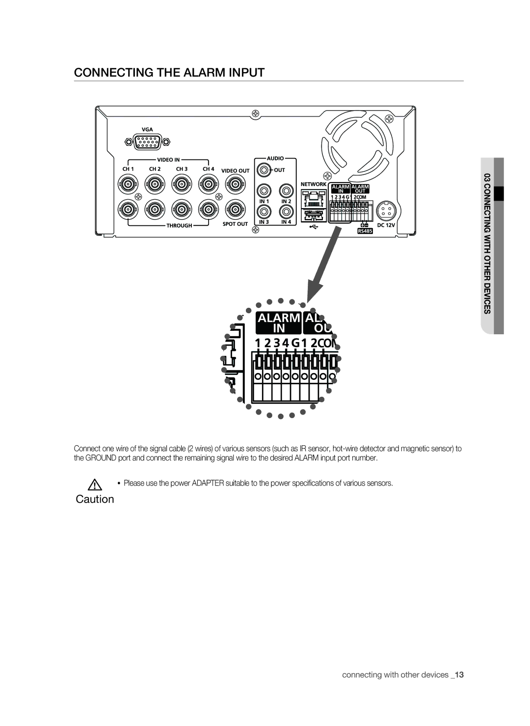 Samsung SHR-6042P, SHR-6040P manual Connecting the alarm input 