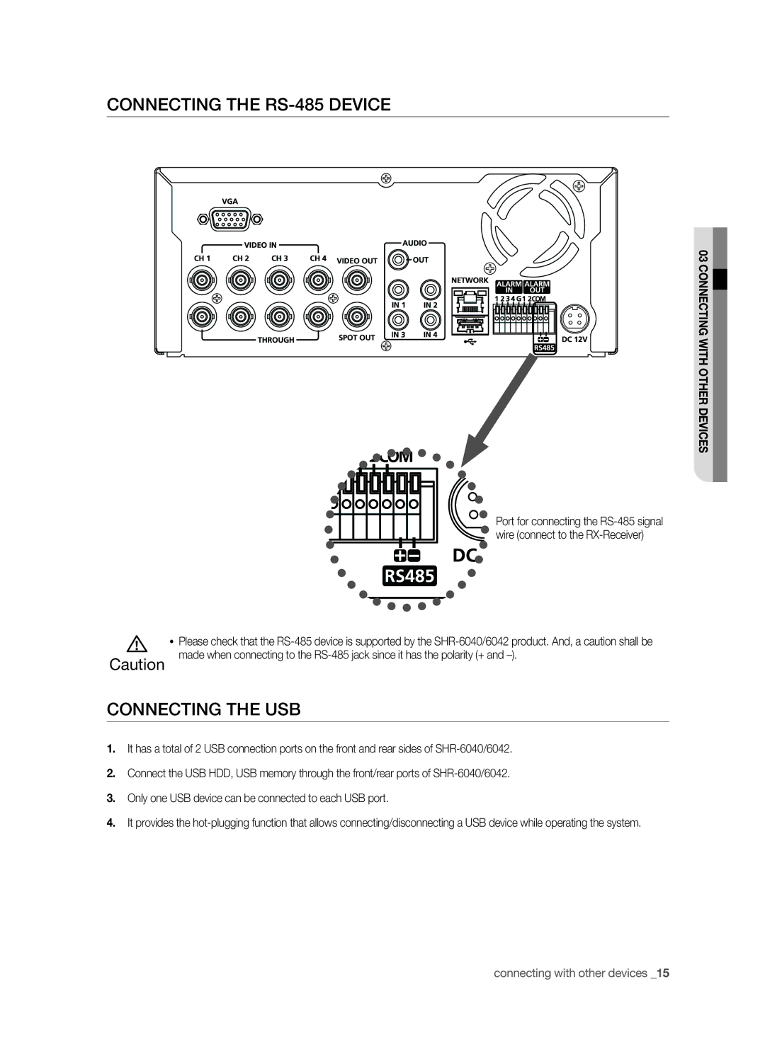 Samsung SHR-6042P, SHR-6040P manual Connecting the RS-485 device, Connecting the USB 