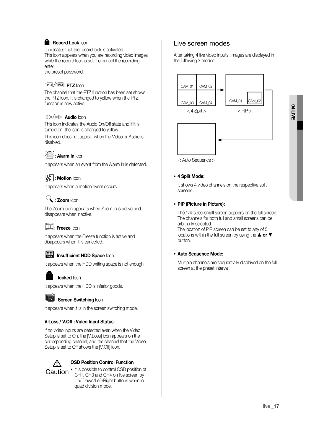 Samsung SHR-6042P, SHR-6040P manual Live screen modes 