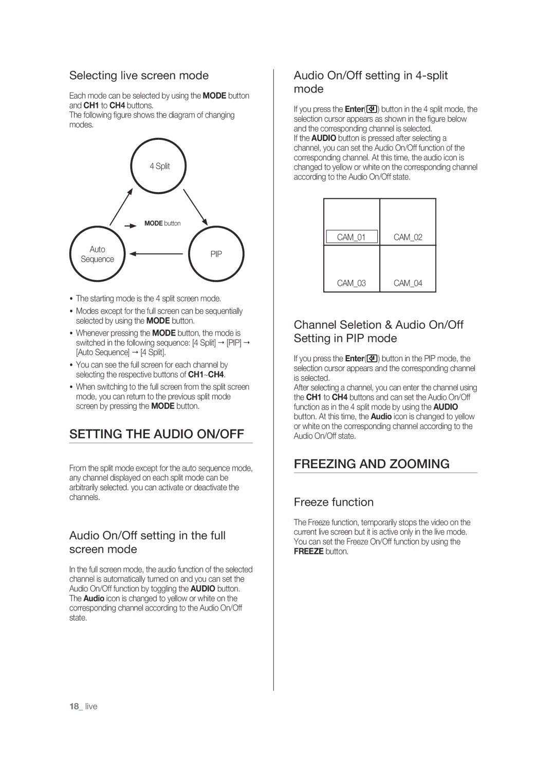 Samsung SHR-6040P, SHR-6042P manual Setting the audio on/off, Freezing and zooming 