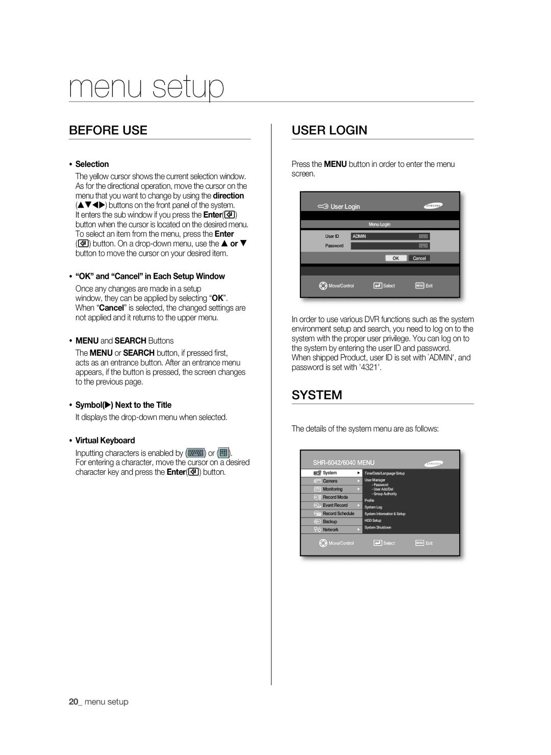 Samsung SHR-6040P, SHR-6042P manual Menu setup, Before use, User login, System 