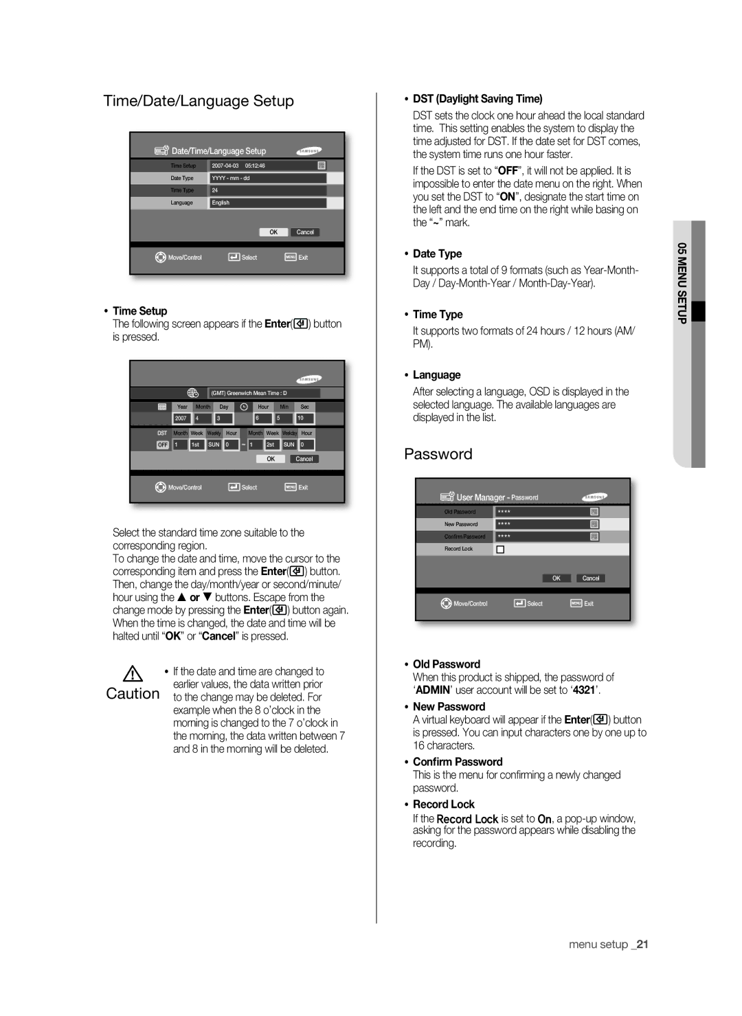 Samsung SHR-6042P, SHR-6040P manual Time/Date/Language Setup, Password 