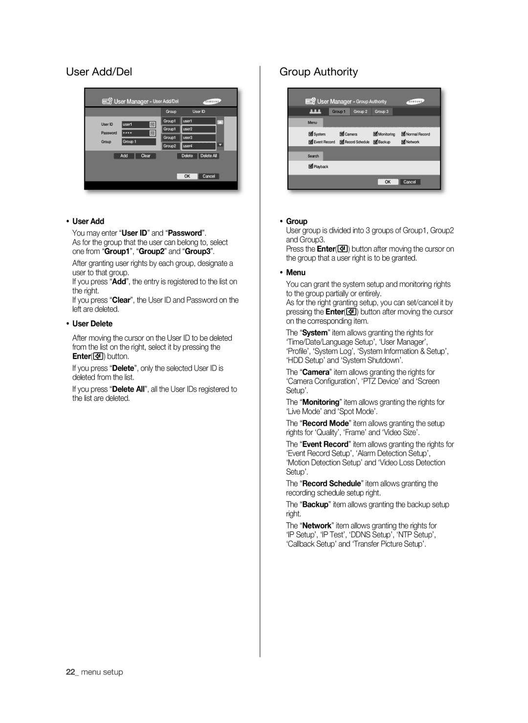 Samsung SHR-6040P, SHR-6042P manual User Add/Del, Group Authority 