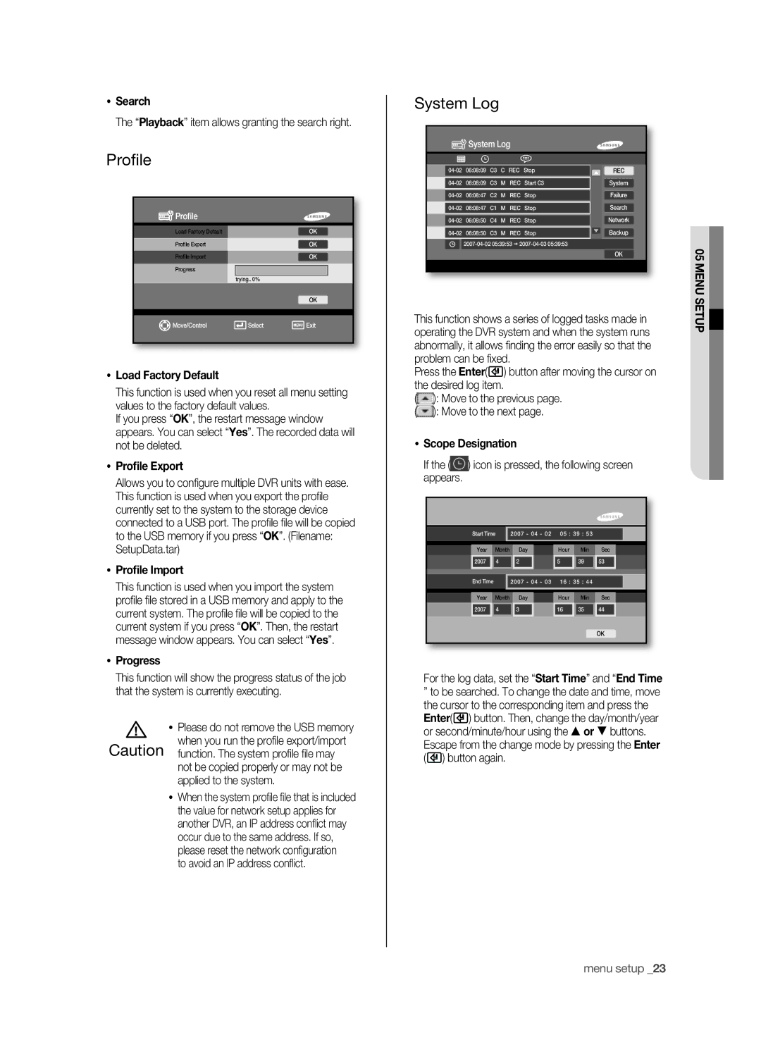 Samsung SHR-6042P, SHR-6040P manual Profile, System Log 