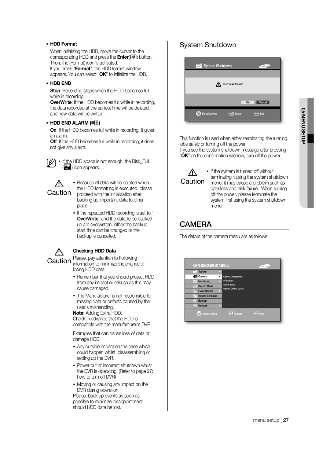 Samsung SHR-6042P, SHR-6040P manual Camera,  HDD Format,  Hdd End,  HDD END Alarm, Checking HDD Data 