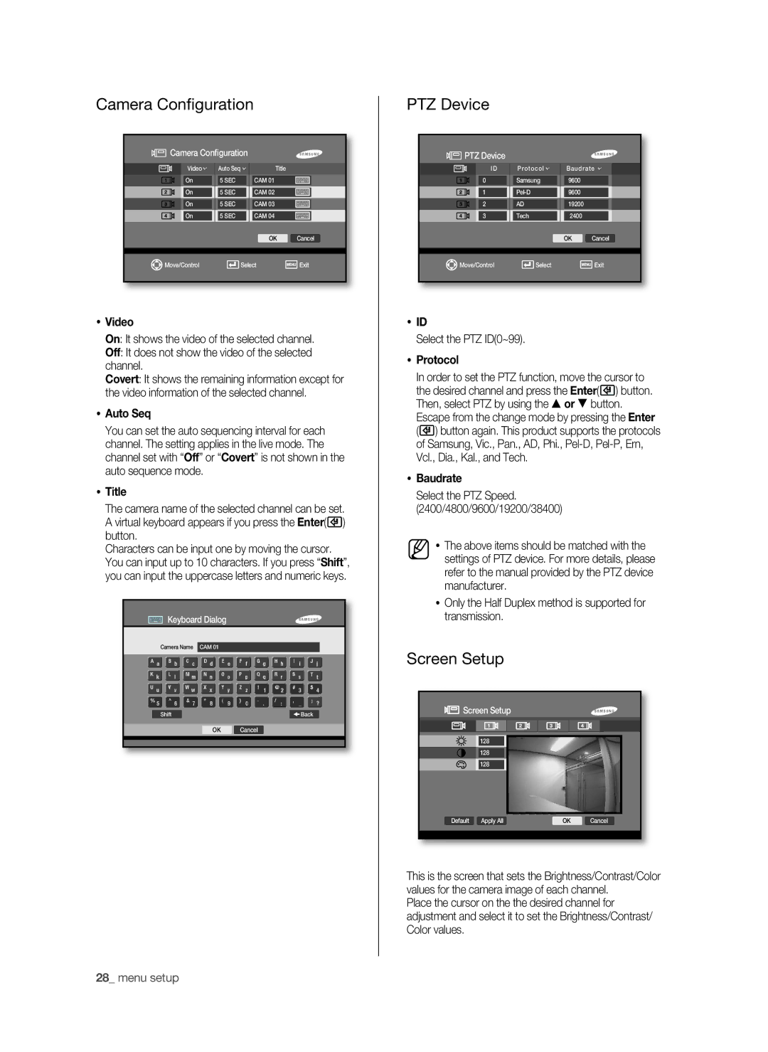 Samsung SHR-6040P, SHR-6042P manual Camera Configuration, PTZ Device, Screen Setup 