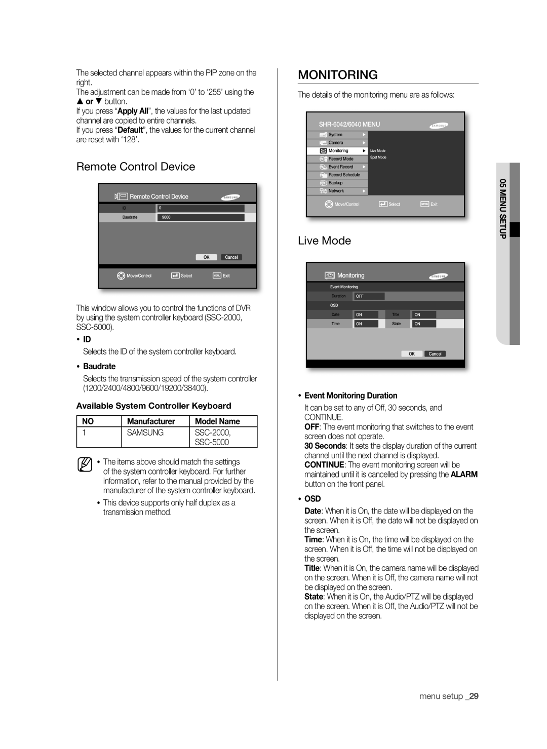 Samsung SHR-6042P, SHR-6040P manual Remote Control Device, Live Mode,  Event Monitoring Duration,  Osd 