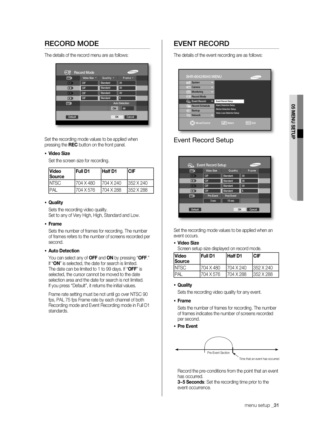 Samsung SHR-6042P, SHR-6040P manual Record mode, Event record, Event Record Setup, Cif 