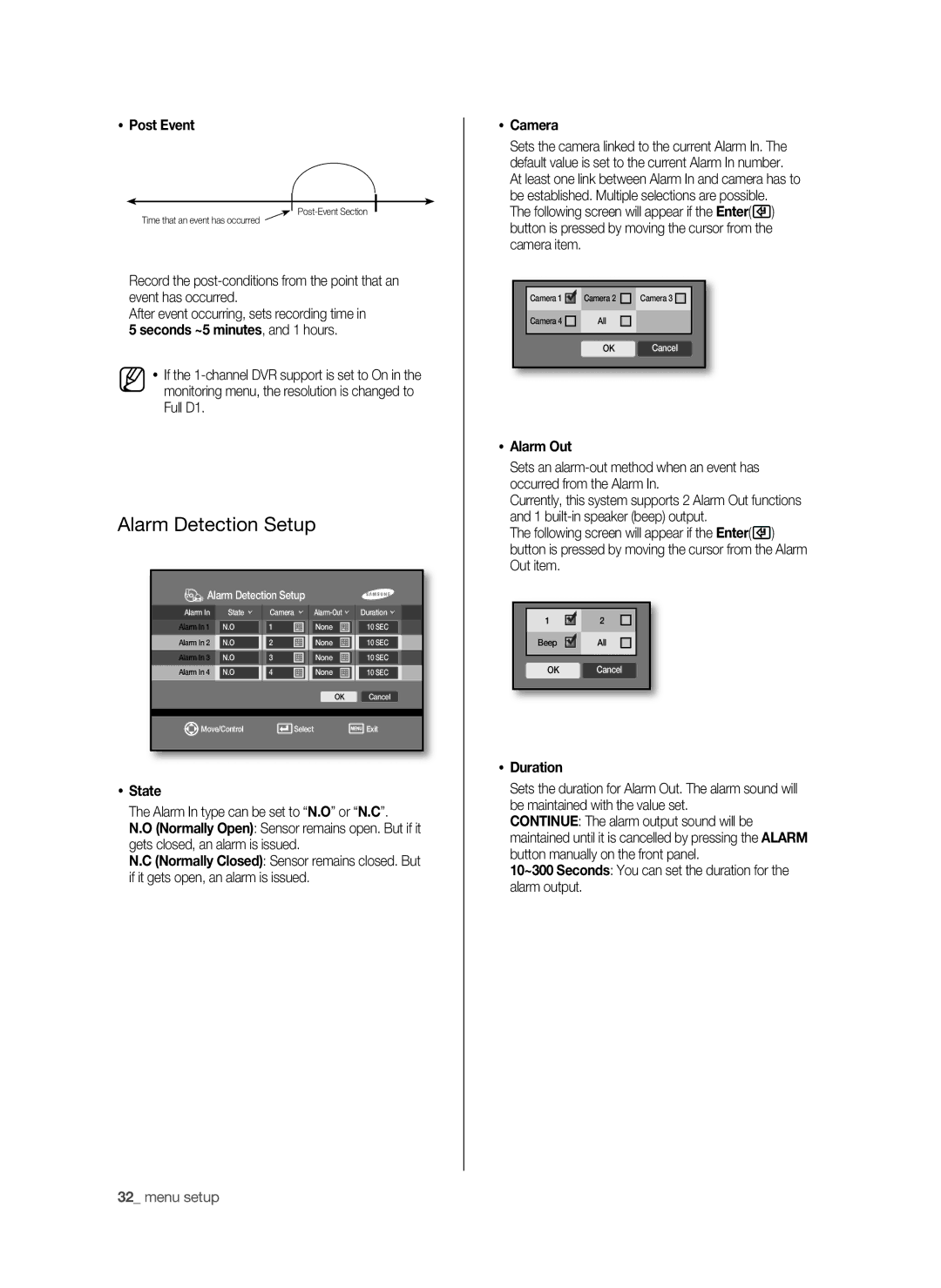 Samsung SHR-6040P, SHR-6042P manual Alarm Detection Setup,  Post Event,  State,  Alarm Out,  Duration 