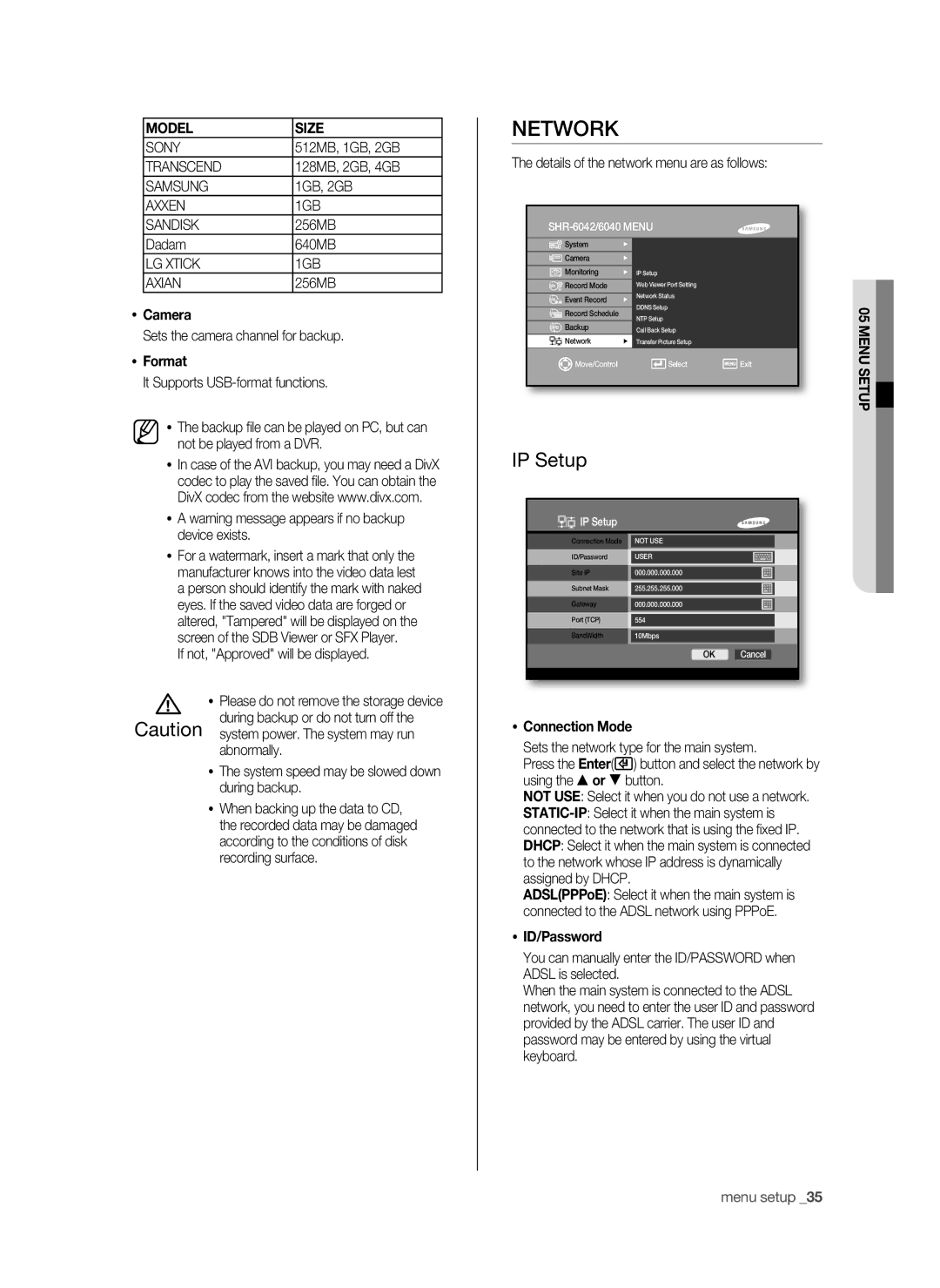 Samsung SHR-6042P, SHR-6040P manual Network, IP Setup, Model Size 