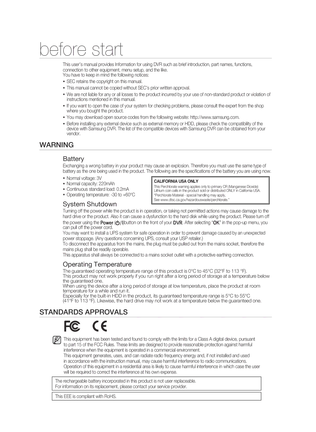 Samsung SHR-6040P, SHR-6042P manual Before start, Battery, System Shutdown, Operating Temperature 