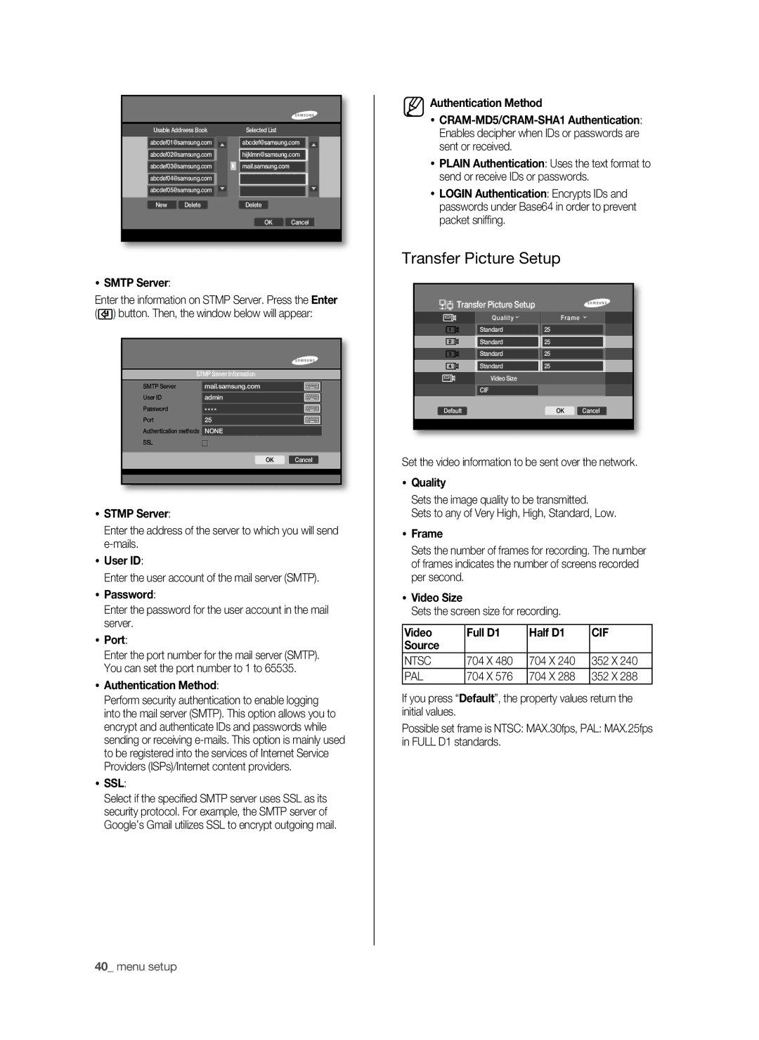 Samsung SHR-6040P Transfer Picture Setup,  Smtp Server Authentication Method,  Stmp Server,  Authentication Method 