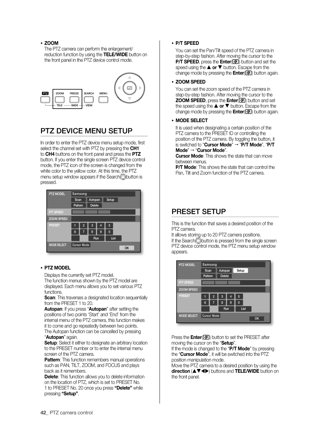 Samsung SHR-6040P, SHR-6042P manual PTZ device menu setup, Preset setup 