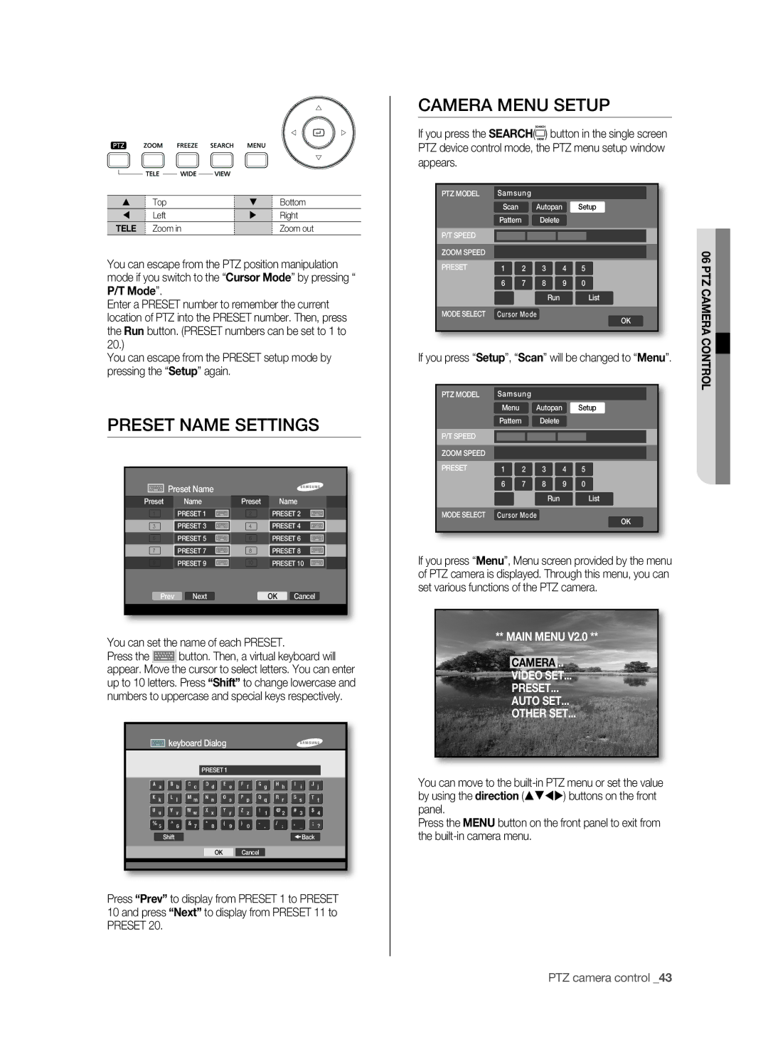 Samsung SHR-6042P, SHR-6040P manual Preset Name Settings, Camera menu setup, You can set the name of each Preset 