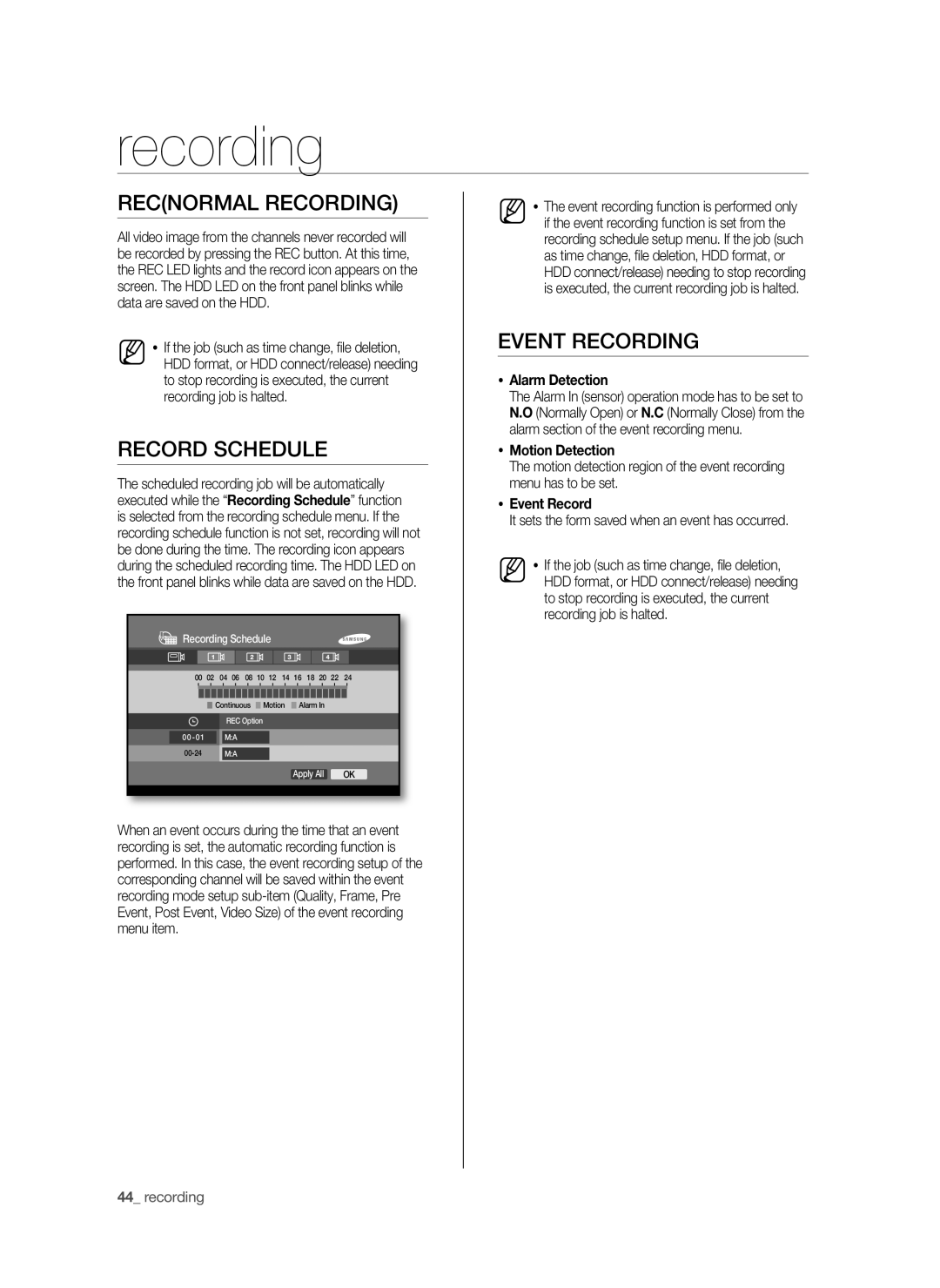 Samsung SHR-6040P, SHR-6042P manual Recording, Recnormal recording, Event recording 