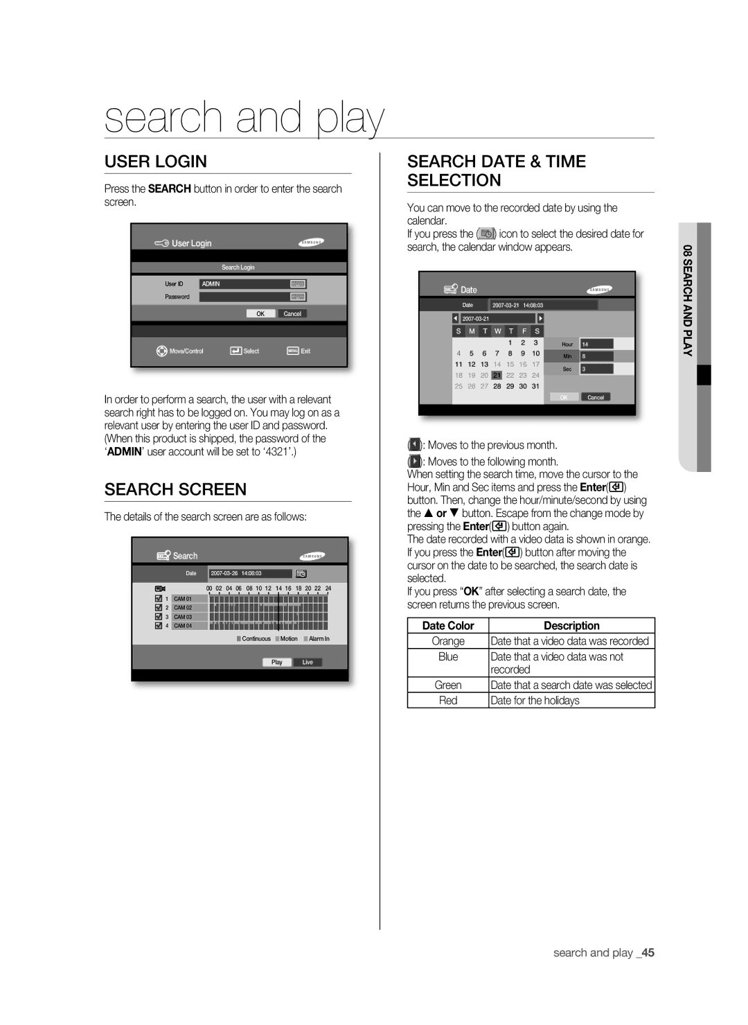 Samsung SHR-6042P, SHR-6040P manual Search and play, Search screen, Search date & time selection, Date Color Description 