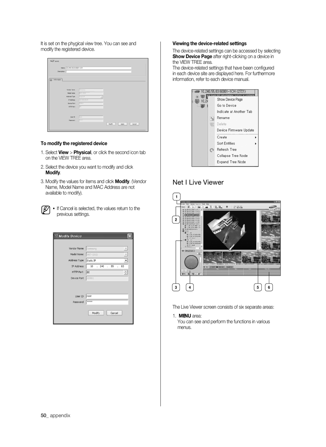 Samsung SHR-6040P, SHR-6042P manual Net I Live Viewer, To modify the registered device, Viewing the device-related settings 