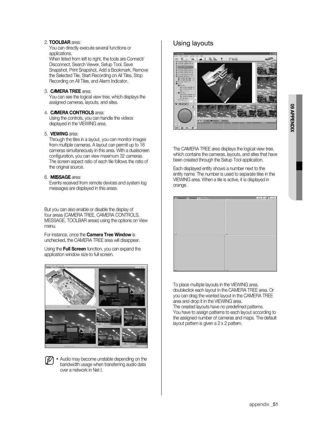 Samsung SHR-6042P, SHR-6040P manual Using layouts, Camera Tree area, Camera Controls area, Viewing area, Message area 