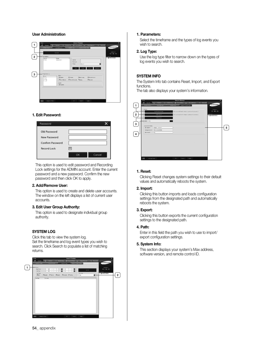 Samsung SHR-6040P User Administration Edit Password, Add/Remove User, Edit User Group Authority, System Log, Parameters 