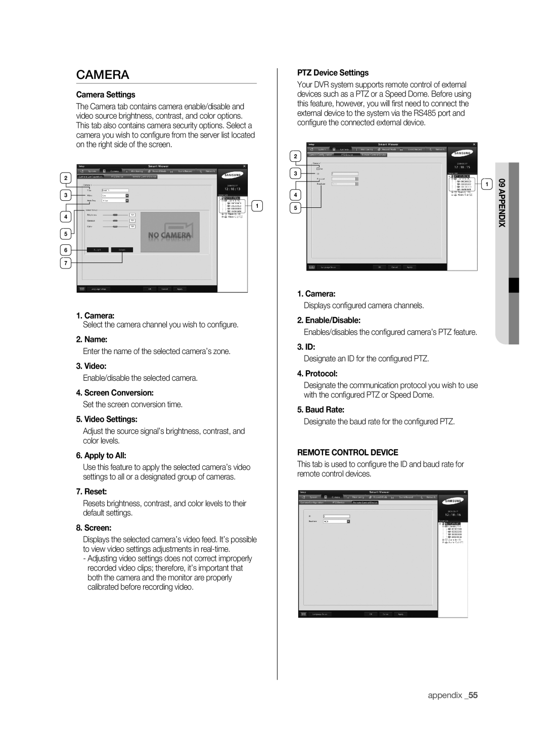 Samsung SHR-6042P manual Camera Settings, Name, Screen Conversion, Video Settings, Apply to All, PTZ Device Settings 