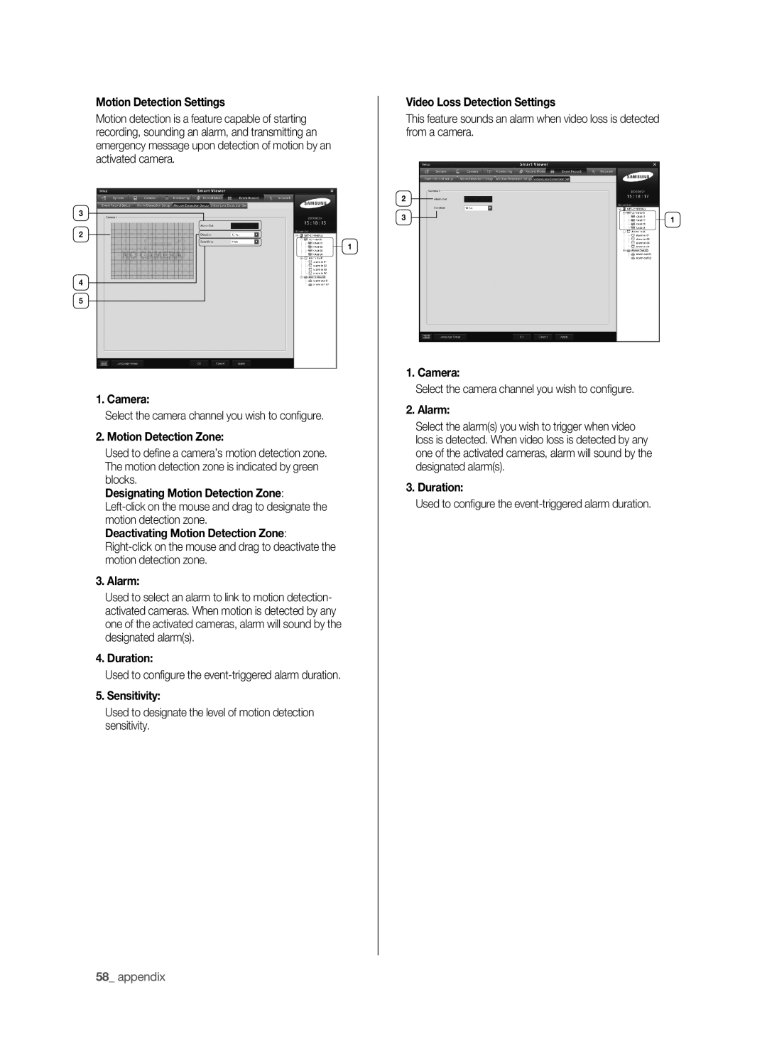 Samsung SHR-6040P, SHR-6042P Motion Detection Settings, Motion Detection Zone, Sensitivity, Video Loss Detection Settings 