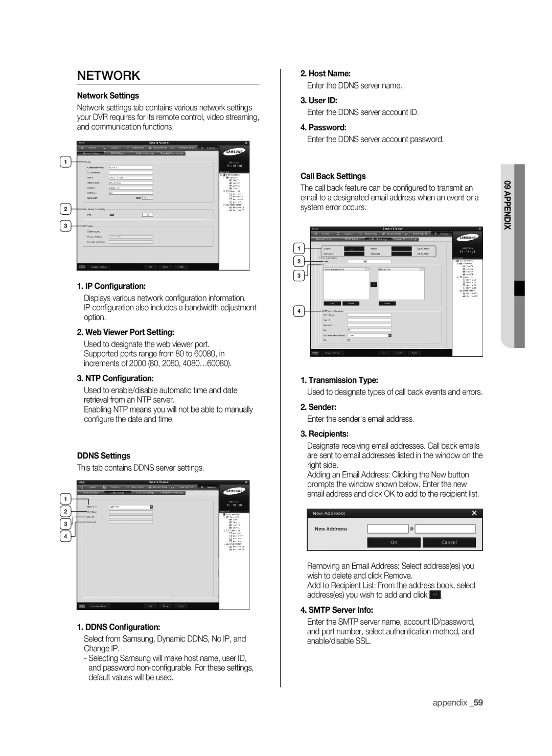 Samsung SHR-6042P Network Settings, IP Configuration, Web Viewer Port Setting, NTP Configuration, Ddns Settings, Host Name 