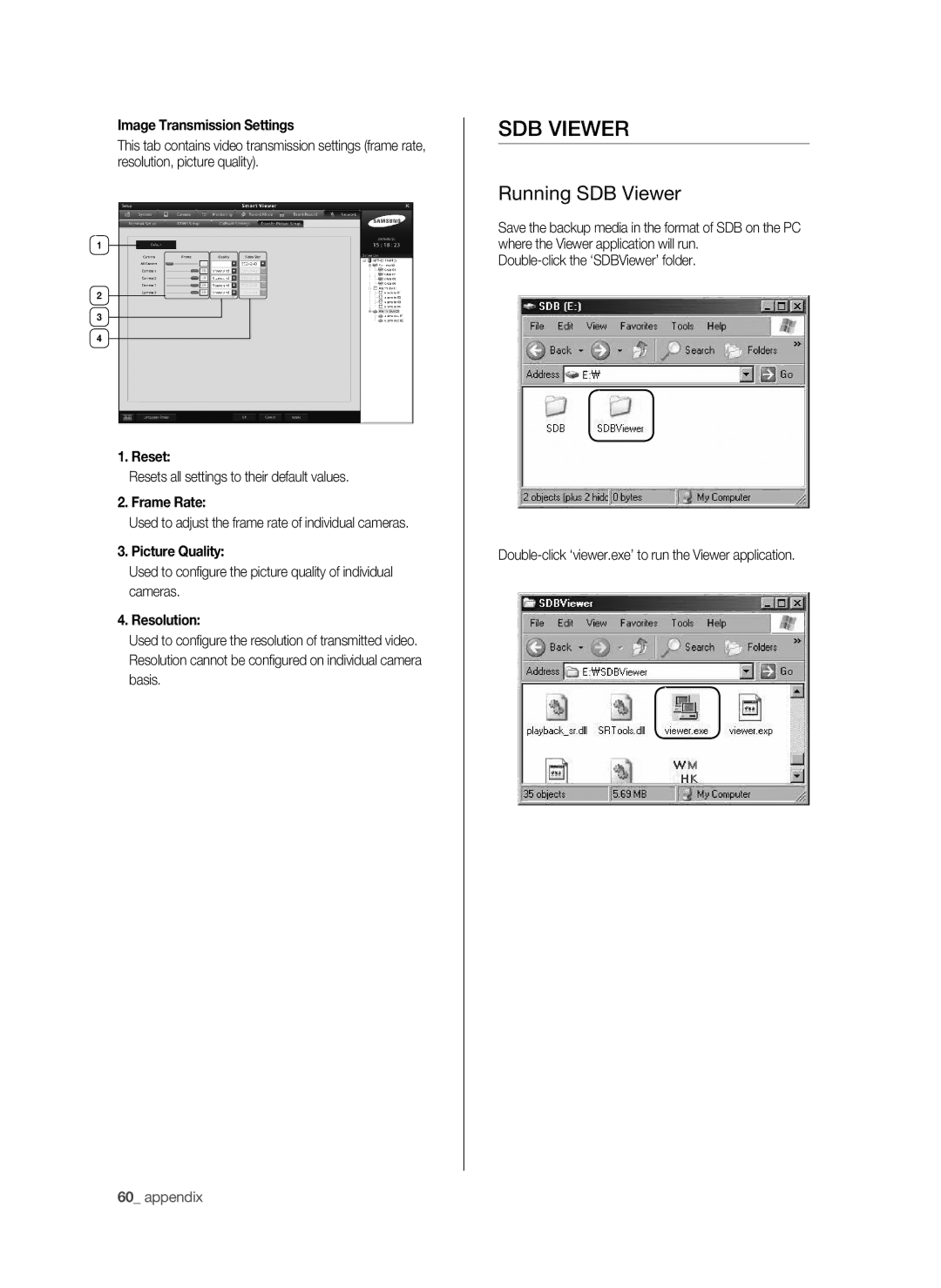 Samsung SHR-6040P Running SDB Viewer, Image Transmission Settings, Used to adjust the frame rate of individual cameras 