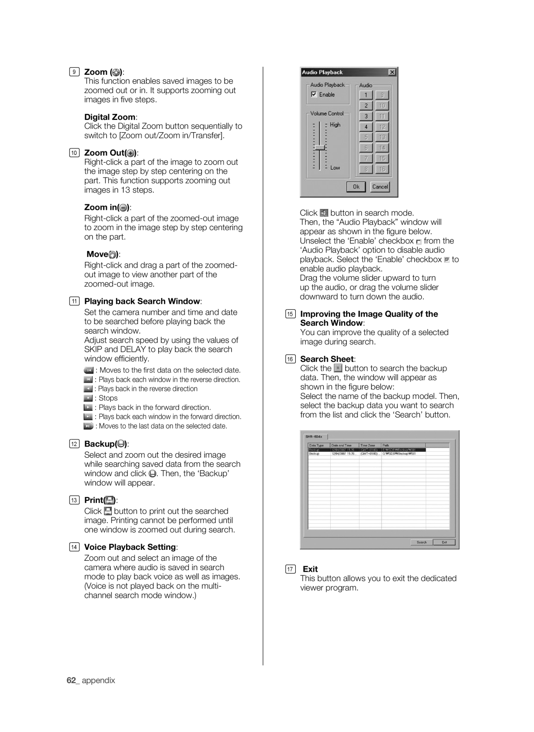 Samsung SHR-6040P Digital Zoom, Zoom Out, Move, Playing back Search Window, Backup, Print, Voice Playback Setting 