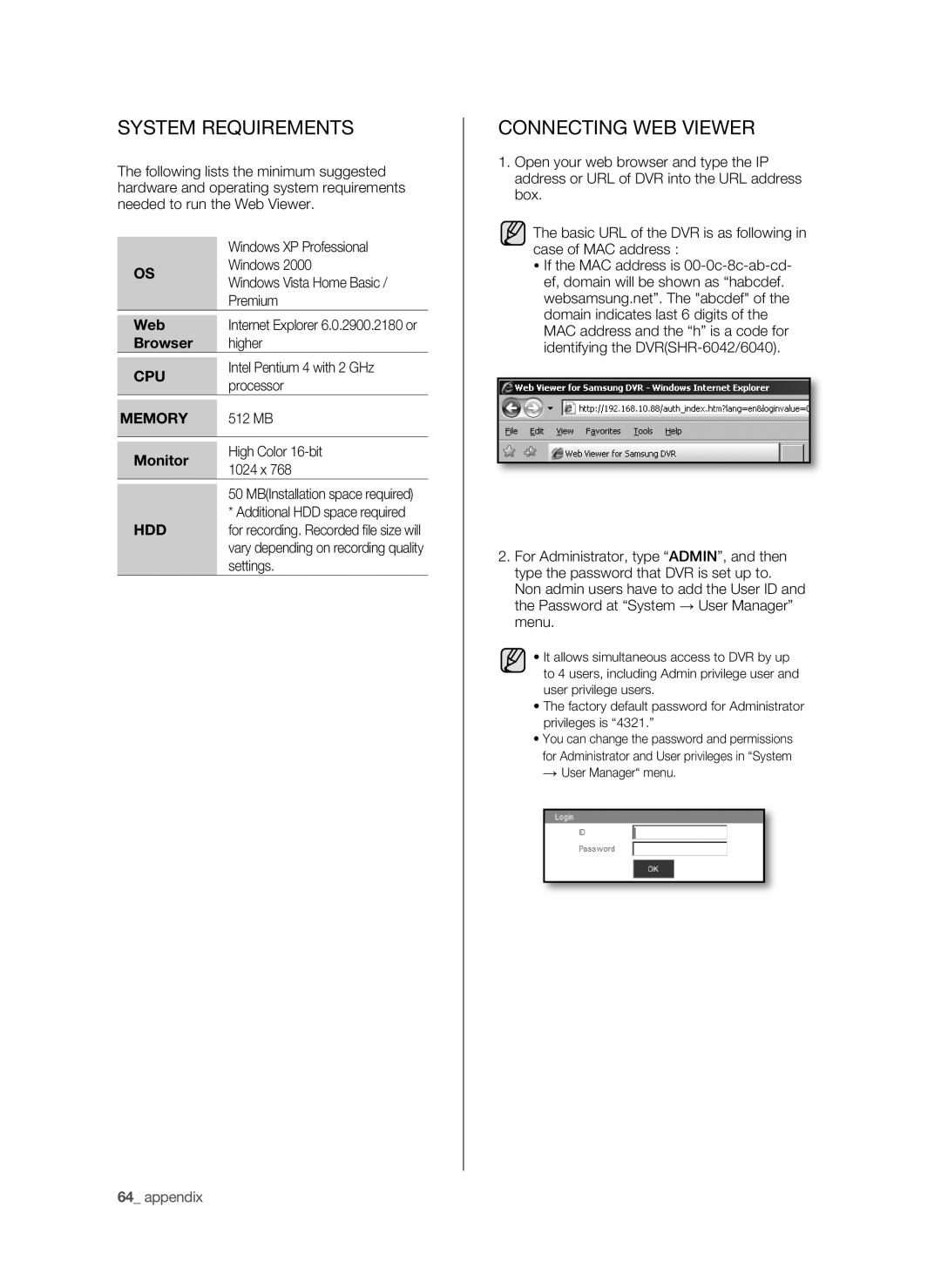 Samsung SHR-6040P, SHR-6042P manual System Requirements, Connecting WEB Viewer, Cpu, Memory, Hdd 