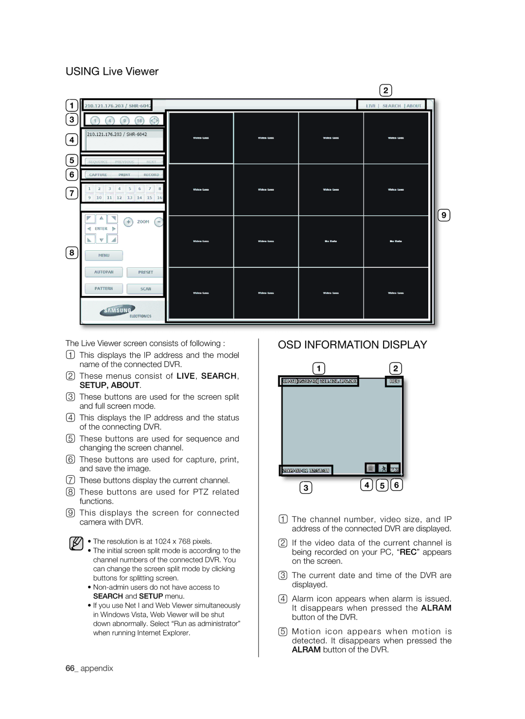 Samsung SHR-6040P, SHR-6042P manual Using Live Viewer, OSD Information Display 